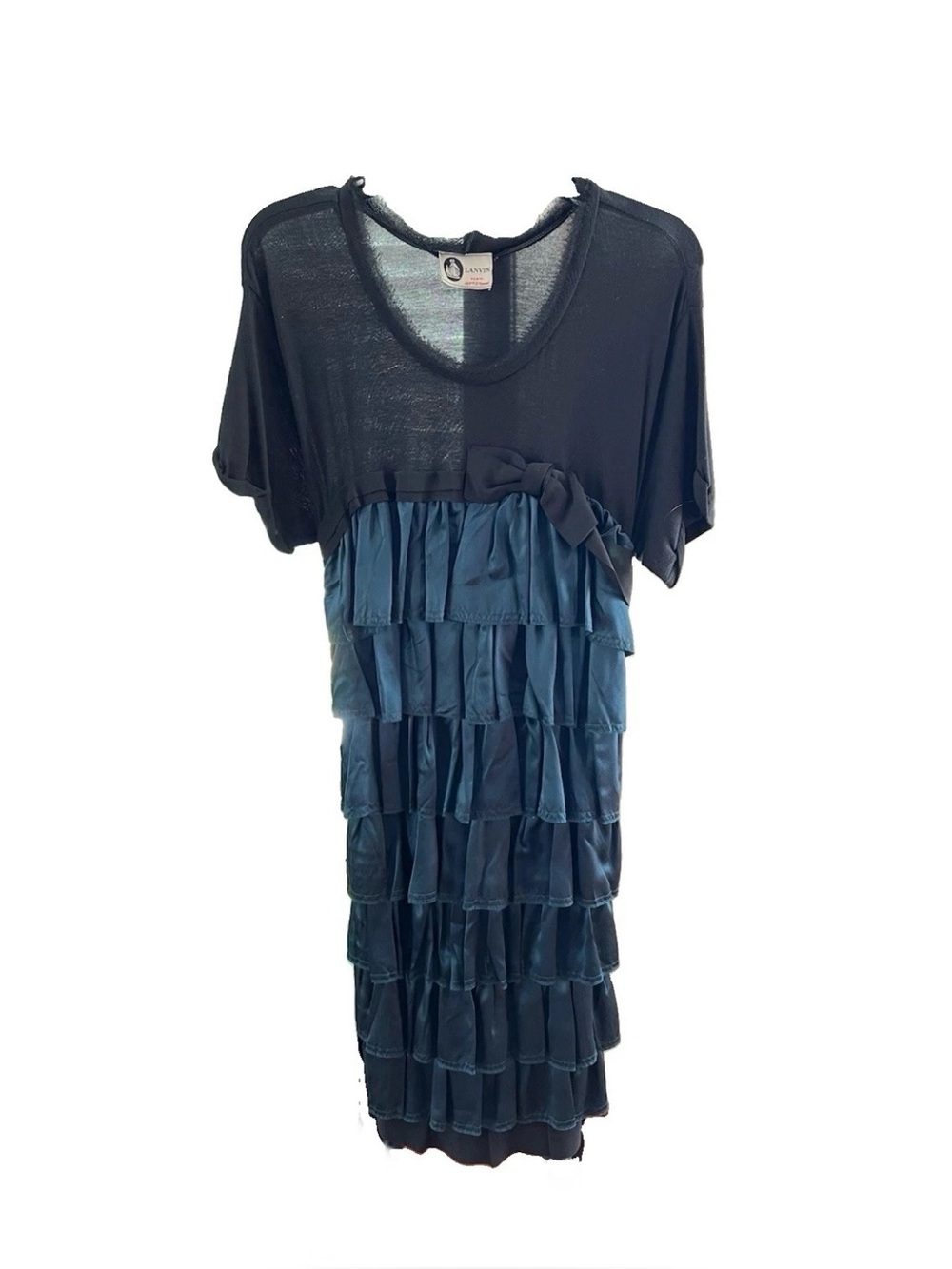 Vintage Lanvin Alber Elbaz Teal Blue Ruffle T-shirt Dress Black Silk Cocktail S